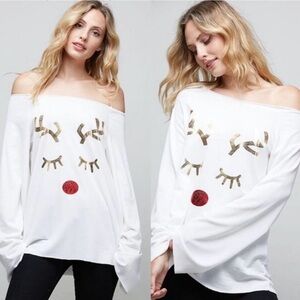 Rudolf The Reindeer White Long Sleeve Top Size Large NWOT